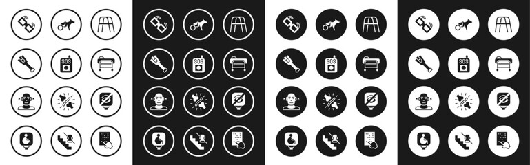 Set Walker, Press the SOS button, Prosthesis leg, Eyeglasses, Stretcher, Dog in wheelchair, Blindness and Deaf icon. Vector
