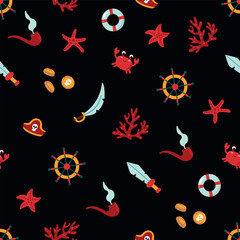 Pirate seamless pattern. Steering wheel, corals, crabs, sword, smoking pipe, coins, starfish. Design for fabric, textile, wallpaper, packaging.