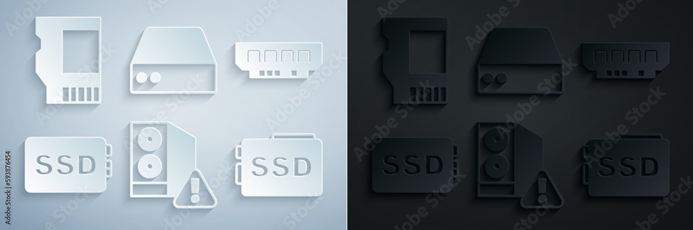 Poster set case of computer, ram, random access memory, ssd card, server, data, web hosting and icon. vecto
