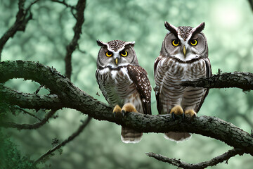 ai-generated illustration of an owl in the forest sitting on a branch