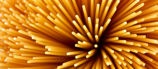 Italian spaghetti pasta. Flower of spaghetti gathered in a bunch. View from the top