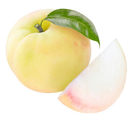 Yellow and Pink Peach fruit with leaf isolated on white background, Fresh White Peach on White PNG File.