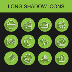 Set line Satellite, Planet, Death star, Mars rover, Alien, Moon and stars, Dog in astronaut helmet and Falling icon. Vector