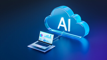3D illustration: Concept of Artificial Intelligence Driven Cloud Computing. Workstation Laptop...
