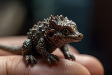 Fototapeta premium AI generated a macrophotography of a tiny dinosaur on a human hand.
