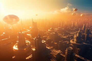 Futuristic tech city in sun light. Generate Ai