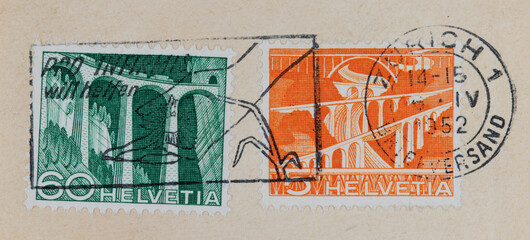 briefmarke stamp vintage retro alt old orange green grün schweiss swiss switerland helvetia slogan...