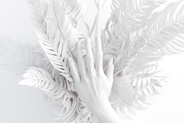 White human palm on white palm leaves and white background. White  concept photo. AI generated image