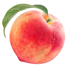 Yellow and Pink Peach fruit with leaf isolated on white background, Fresh White Peach on White PNG...