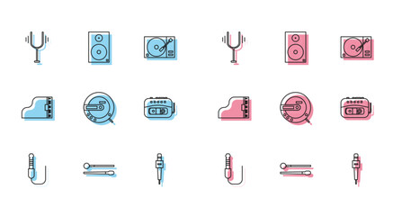 Set line Audio jack, Drum sticks, Musical tuning fork, Microphone, CD player, tape, Grand piano and Stereo speaker icon. Vector