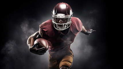 American football player in action on a dark smoky background. Generative AI