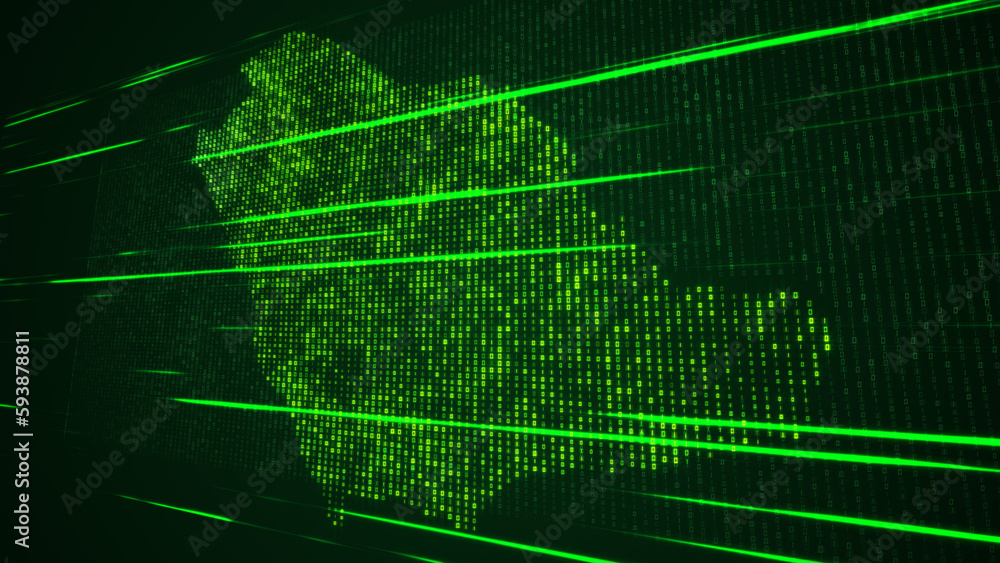 Poster abstract futuristic green shinny binary digital number mosaic grid map of saudi arabia perspective v