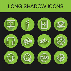 Set line Headphones, Premium create account screen, Computer monitor, Virtual reality glasses, Target sport, Star, Gamepad and icon. Vector