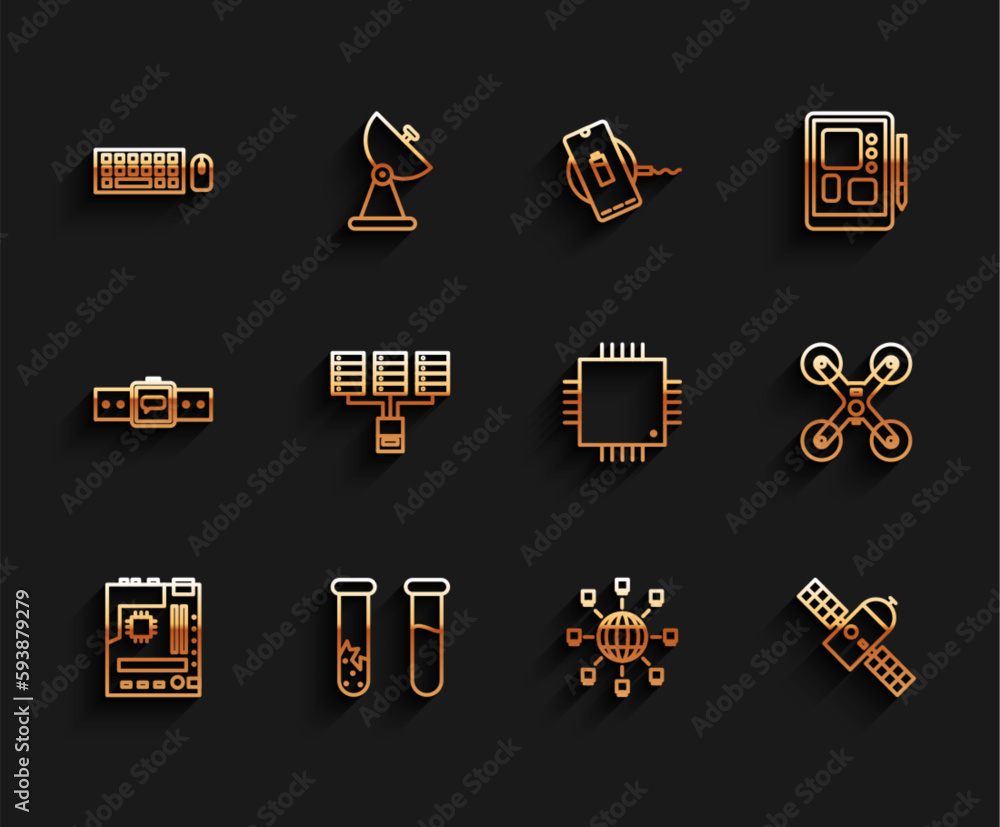 Aufkleber set line motherboard, test tube and flask, keyboard mouse, social network, satellite, server, data, 