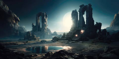 Fantasy world, majestic ancient ruins, digital illustrations, backgrounds, game space, AI generated
