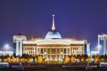 Akorda - the residence of the President of the Republic of Kazakhstan at night. Astana