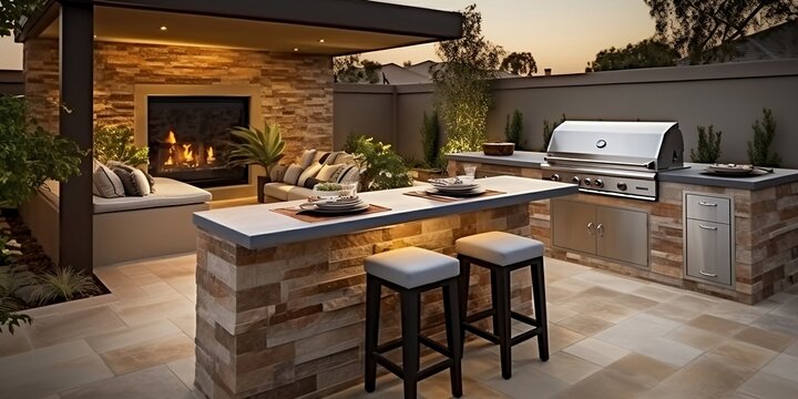 An outdoor entertainment area with a built-in barbecue and a bar setup. finest generative AI