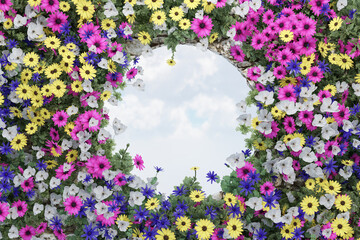 Naklejka premium Abstact 3d render spring scene and Natural beauty background, Colorful flowers and grass field around circle frame, backdrop sky and cloud for product display, advertising or etc