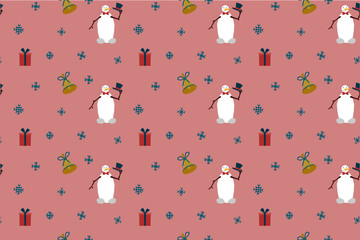 Christmas seamless pattern of snowflakes, bell pickers, snowmen and gifts. Festive pattern for fabric, wrapping paper, clothing. Vector illustration.
