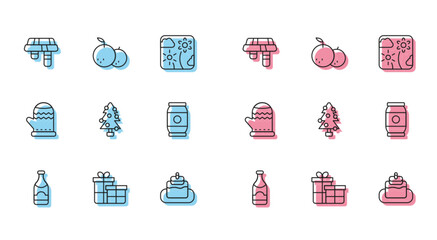 Set line Champagne bottle, Gift box, Winter scarf, Cake, Christmas tree, Beer can, mitten and Tangerine icon. Vector