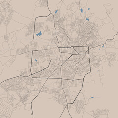 Detailed map of Asmara city, capital of Eritrea. Municipal administrative Asmera area map with buildings, rivers and roads, parks and railways.