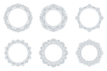 Set of decorative frames Elegant vector element for design in Eastern style, place for text. Floral gray and white borders. Lace illustration for invitations and greeting cards