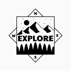 Explore nature mountain in point of the compass shape design use for t-shirt, sticker, and other use
