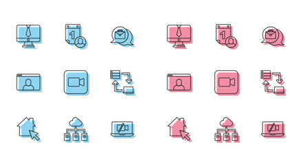 Set line Online working, Video chat conference, camera Off laptop, Camera, and Time management icon. Vector