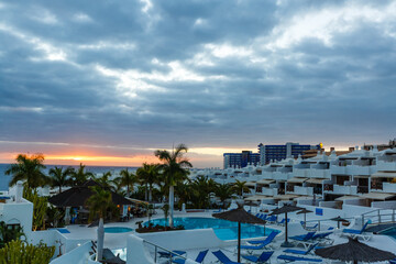Fototapeta premium The view from the terraces of the beautiful sunset on the beach