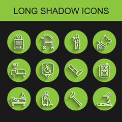 Set line Patient with broken leg, Grandmother, Intercom, Walking stick cane, Treadmill machine, Disabled wheelchair, Press SOS button and Prosthesis icon. Vector