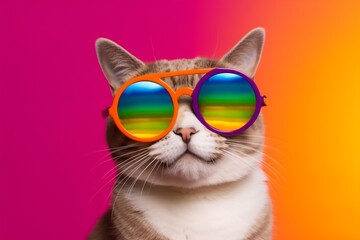 cat colourful pet cute animal sunglasses fashion portrait funny neon. Generative AI.