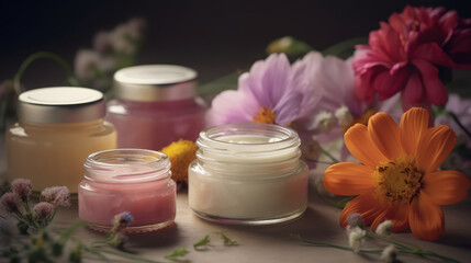 Fototapeta na wymiar Natural organic eco cosmetics in open jars with bloom. Al generated