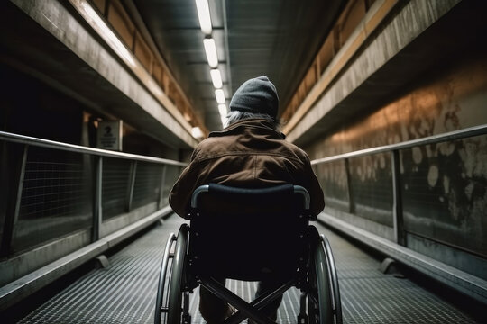man in a wheelchair in front of an in front of the stairs or escalator  to the building  . logistic problem for people with disabilities. ai generative