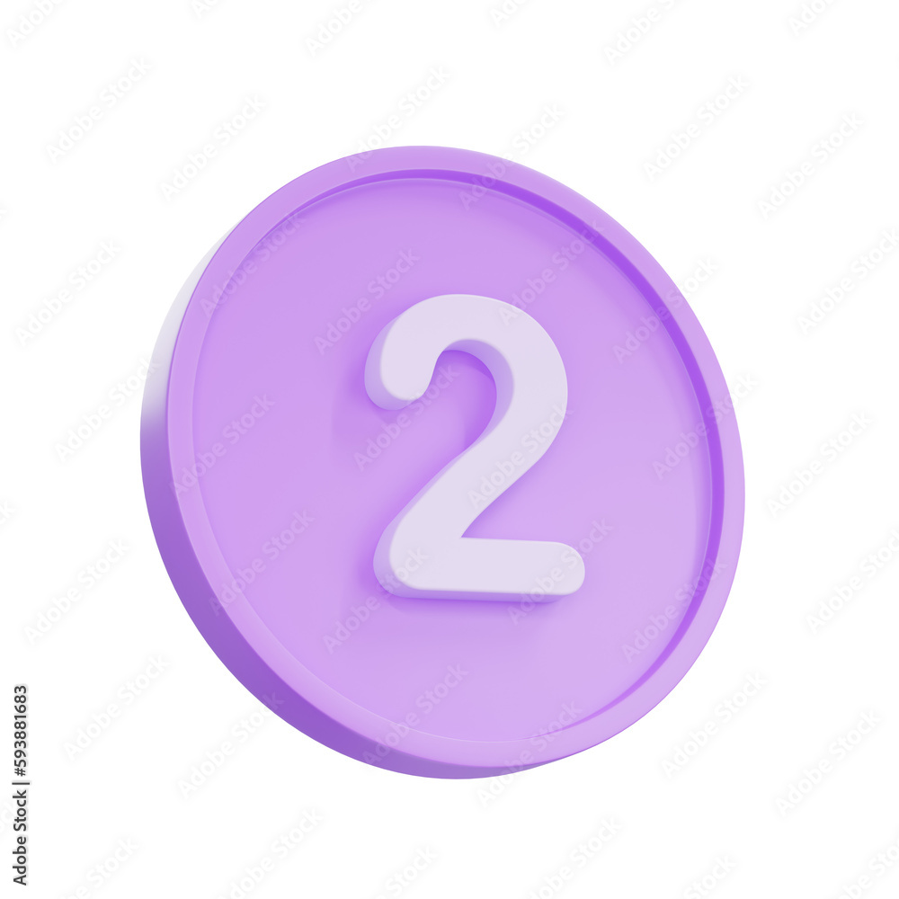 Poster 3d render notice buttons with the number 2 icon isolated for social media reminders.