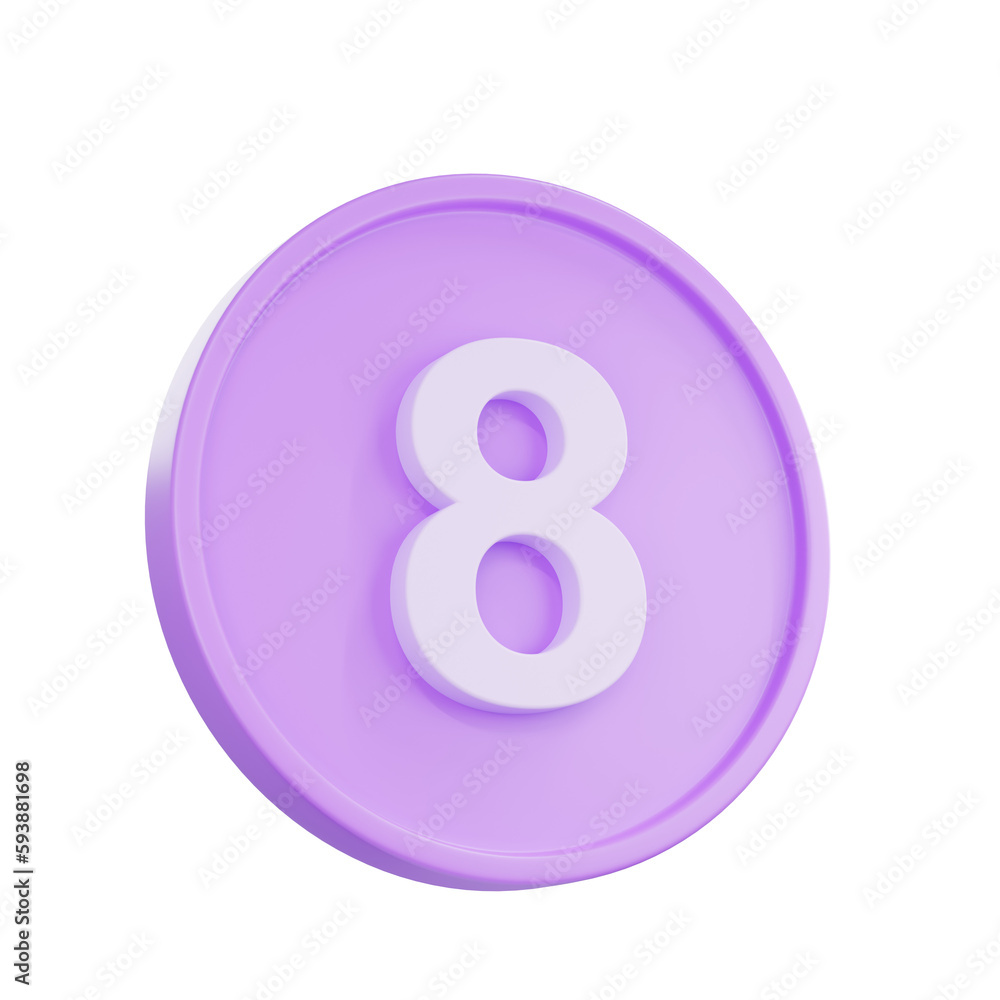 Poster 3d render notice buttons with the number 8 icon isolated for social media reminders.