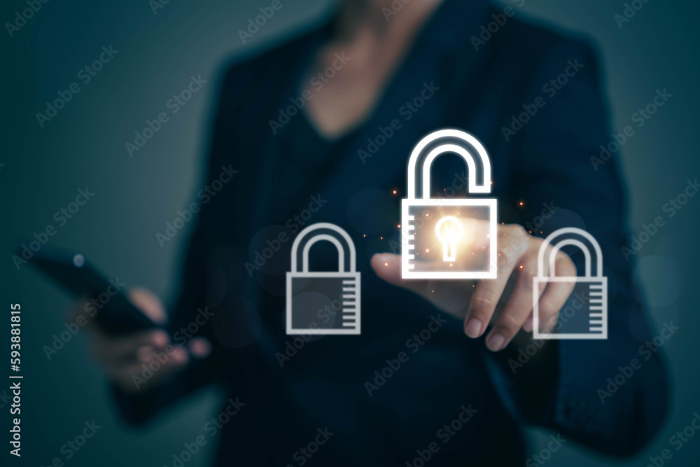 Poster businessman is pointing finger at unlocked key icon. concept of unlocking information by touch. inte