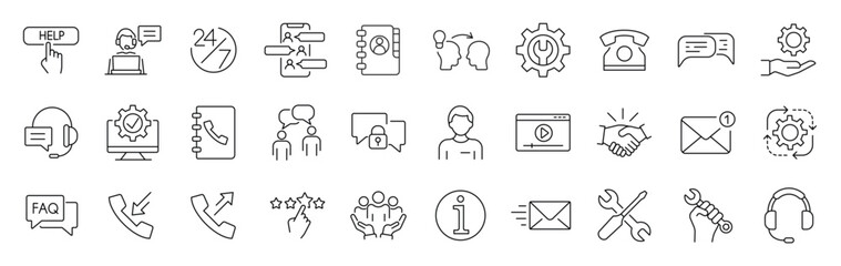 Set of 30 Contact us, support and Help icons in line style. Outline icons collection. Simple vector illustration. Assistance, customer, review, 24 hrs, contact. Editable stroke - obrazy, fototapety, plakaty
