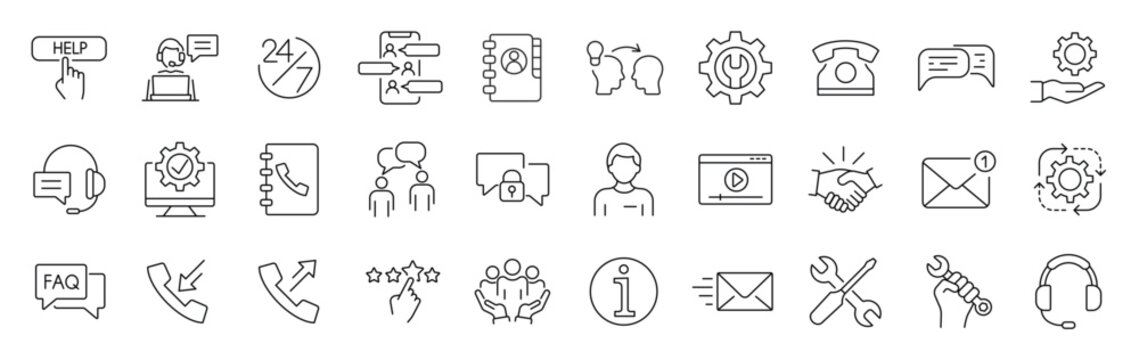 Set of 30 Contact us, support and Help icons in line style. Outline icons collection. Simple vector illustration. Assistance, customer, review, 24 hrs, contact. Editable stroke