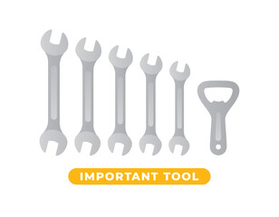 Vector service key symbols with beer opener. Text Important tool. Isolated on white background.