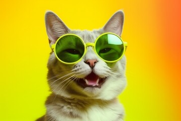 funny cute animal sunglasses neon fashion colourful portrait pet cat. Generative AI.
