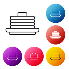 Black line Stack of pancakes icon isolated on white background. Baking with syrup and cherry. Breakfast concept. Set icons colorful circle buttons. Vector