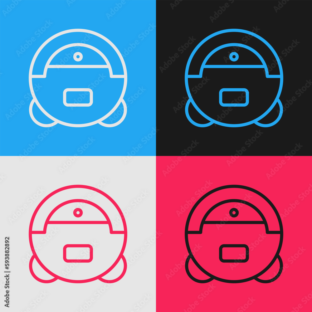 Sticker pop art line robot vacuum cleaner icon isolated on color background. home smart appliance for automa