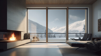 Architecture, empty living room with large windows. AI generated