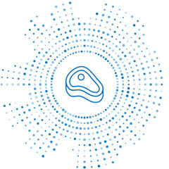 Blue line Steak meat icon isolated on white background. Abstract circle random dots. Vector