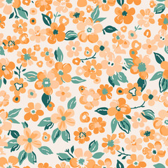 Botanical seamless pattern, various orange and green flowers with green leaves on a light background, vintage theme.