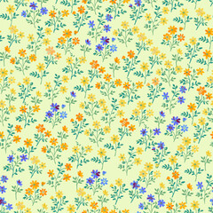 Seamless pattern with small blooming yellow, orange, blue flowers on a light green background.