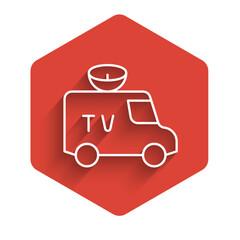 White line TV News car with equipment on the roof icon isolated with long shadow background. Red hexagon button. Vector