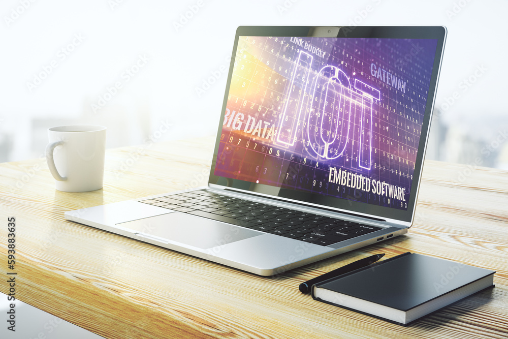 Poster Creative IOT hologram on modern laptop monitor, internet of things concept. 3D Rendering