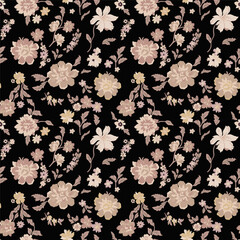 Floral vintage seamless pattern. Yellow and beige flowers, leaves and branches on a black background. Oriental style. Vector illustration of art. Design for textiles, paper.