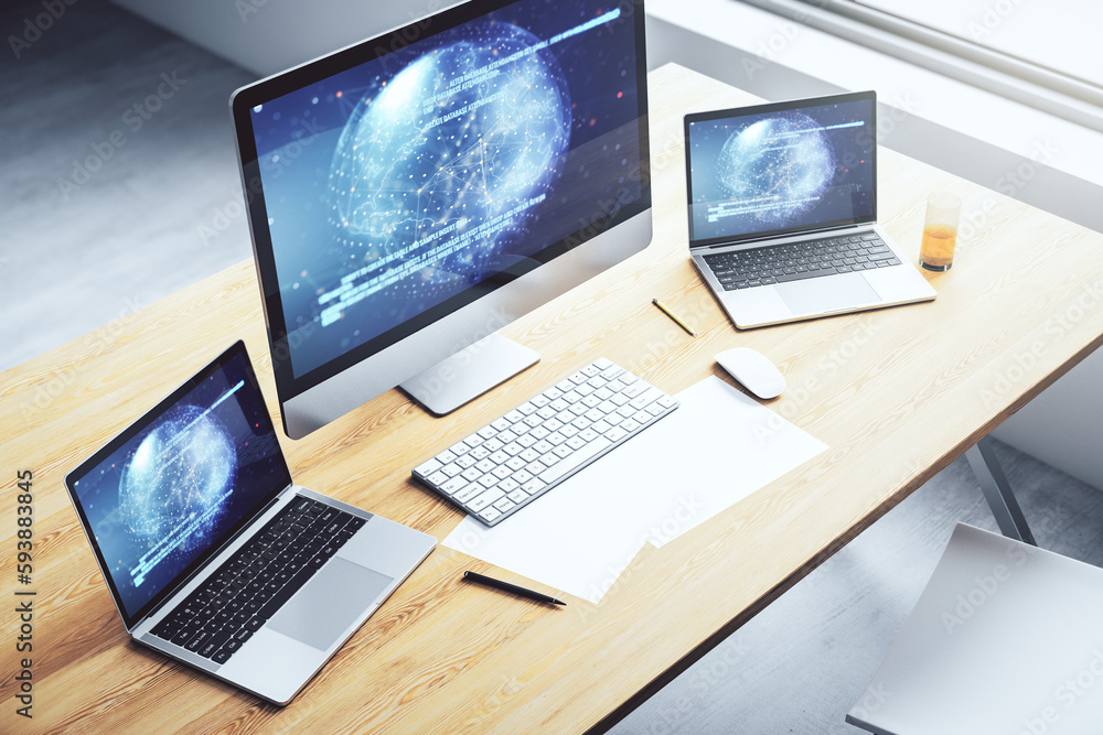 Leinwandbilder modern computer monitor with abstract programming language with world map, research and development 